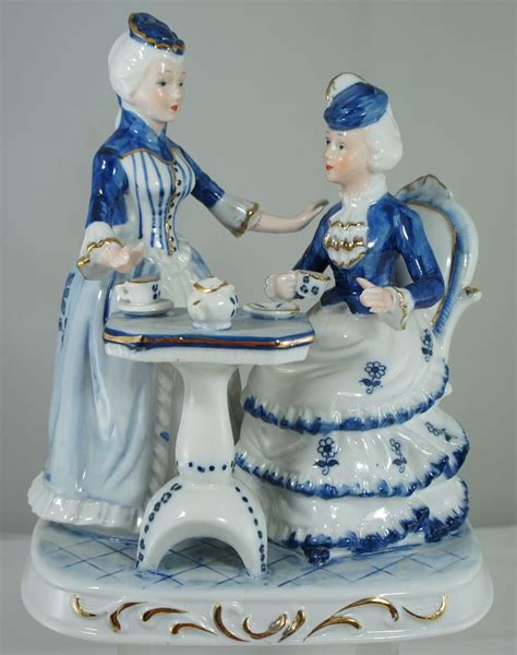 Vintage Bluewhitegold Porcelain Victorian Figurine Women Have Tea