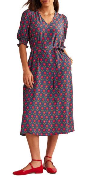 Boden Print Tie Waist Midi Dress In Navy Daisy Foliage At Nordstrom