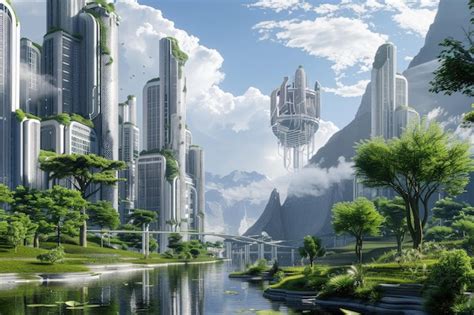 Premium Photo A Futuristic City Surrounded By Trees And Mountains