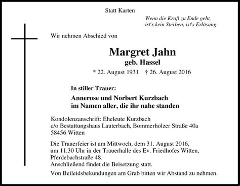 Traueranzeigen Von Margret Jahn Trauer In Nrw De