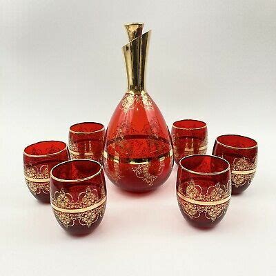 Ebay Venetian Murano Red Glass Gold Trim Decanter Set W Cordial