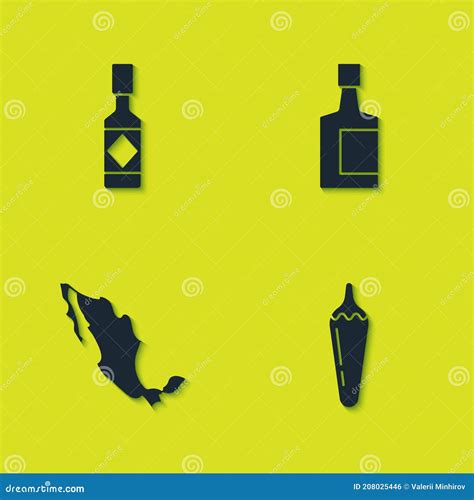 Set Tabasco Sauce Hot Chili Pepper Pod Map Of Mexican And Tequila Bottle Icon Vector Stock