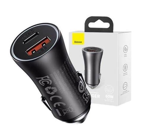 Baseus Car Charger Golden Contactor Max USB USB C 60W Grey