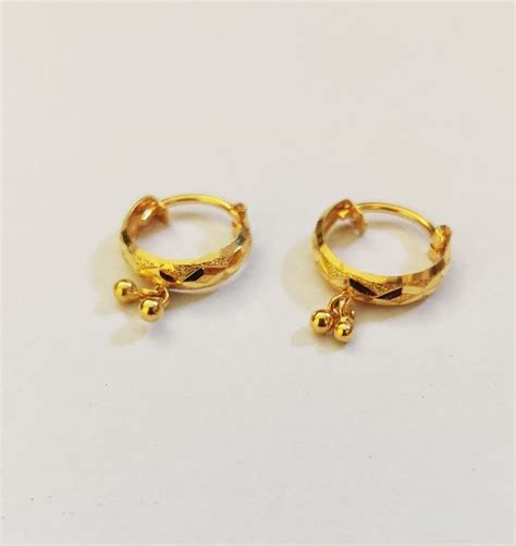 22k Gold Hoops Dangling Ball Gold Hoops Carved Gold Earring Solid