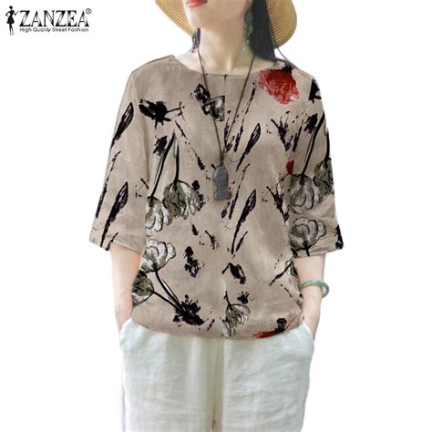 Zanzea Women Korean Casual Loose 3 4 Sleeve Regular Printing Simple