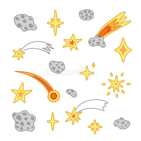 Set Of Stars Falling Stars Meteor Asteroid Meteorite Cartoon Vector Stock Vector