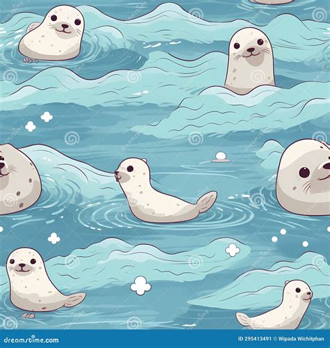 Rough Drawing Of Cute Seals Swimming In The Vast Ocean Seamless Pattern