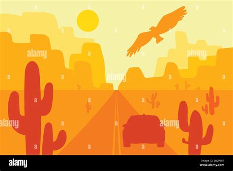 Desert Landscape With Eagle Cactus And Sun Wild West Vector Stock