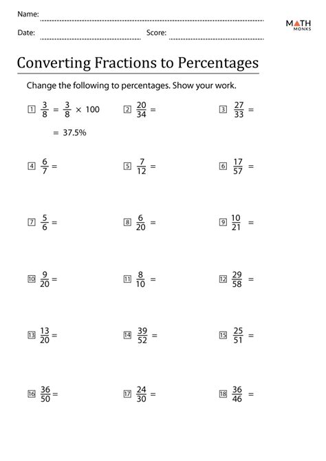 Percents To Fractions Worksheets