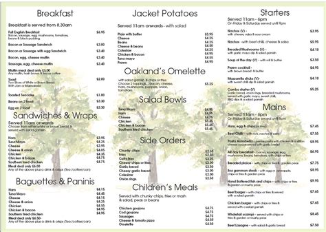 New Menu Oaklands Village