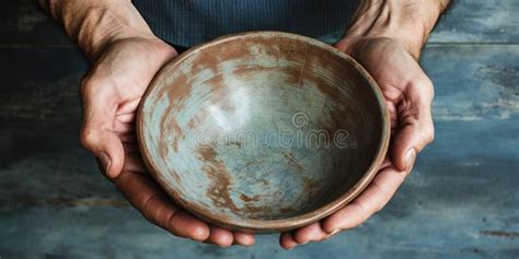 Weathered Hands Holding An Empty Bowl Concept Of Resilience Stock