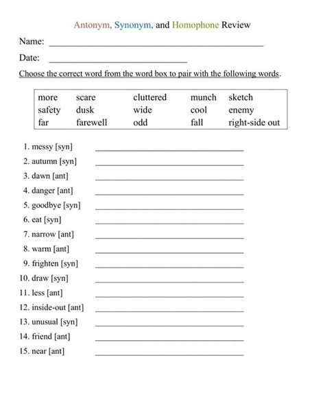 Synonyms And Antonyms Worksheets For Grade 6 Antonyms Worksheet