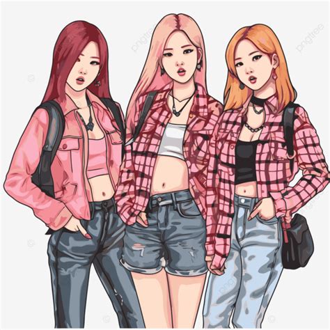 Blackpink Clipart ثلاث سيدات كوريات يرتدين الجينز في رسم توضيحي للرسوم