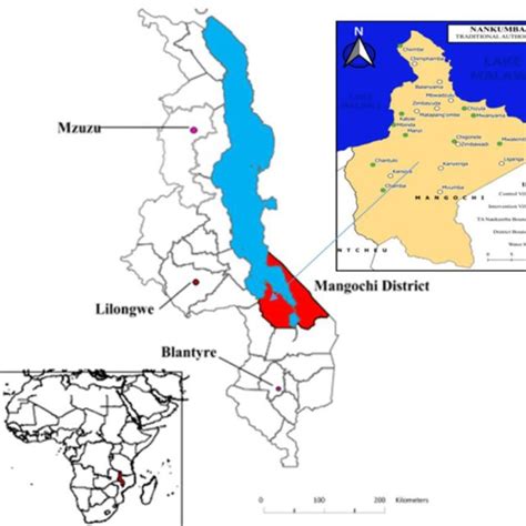 Map Of Malawi Showing Mangochi District Red Lake Malawi Blue And