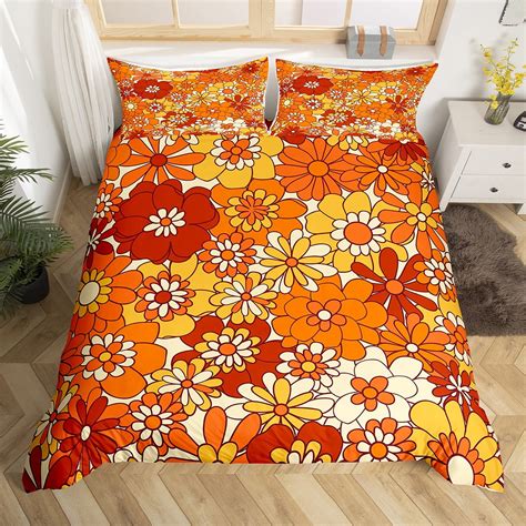 Boho Floral Bedding Set Twin Retro Groovy Flowers Duvet Cover 60s 70s