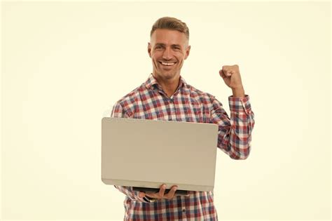 Pure Success Handsome Man Hold Laptop Isolated On White Laptop