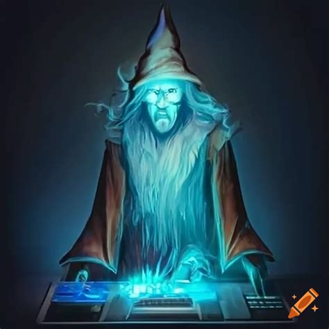 Wizard Using Magic At Computer