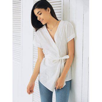 Elegant Women S Plunging Neck Short Sleeve Solid Color Bandage Blouse