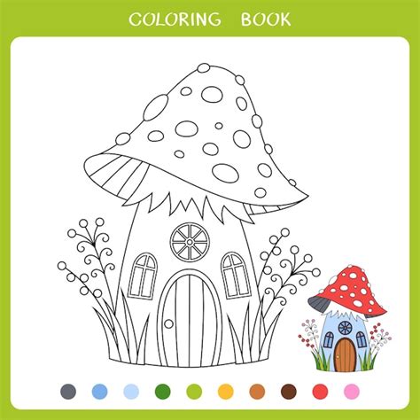 Casa De Hongos De Cuento De Hadas Para Colorear Libro Vector Premium