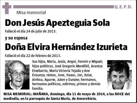 Apezteguia Sola Y Elvira Hernandez Izurieta Jesus Esquela Necrol Gica