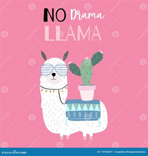 Hand Drawn Cute Card With Llamacactusno Drama Stock Vector