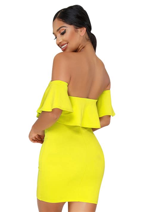 Yellow Off The Shoulder Ruffle Mini Dress Lc220344yellow 999 Cheap Colored Contacts