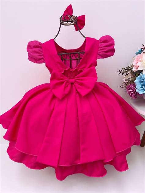 Vestido Infantil Pink Laço Aplique Flores Pérolas Rosa Charmosa Atacado