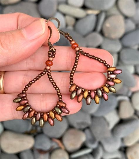 Copper Beaded Fan Boho Earrings Beadwork Jewelry Rustic Jewelry By