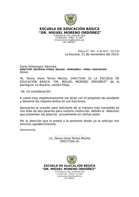 Oficio A LA Directora Distrital ESCUELA DE EDUCACIÓN BÁSICA DR