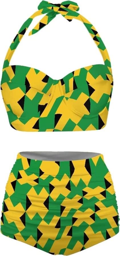 Belidome Jamaica Flag Print High Waist Swimsuit Women Bikini Set Halter
