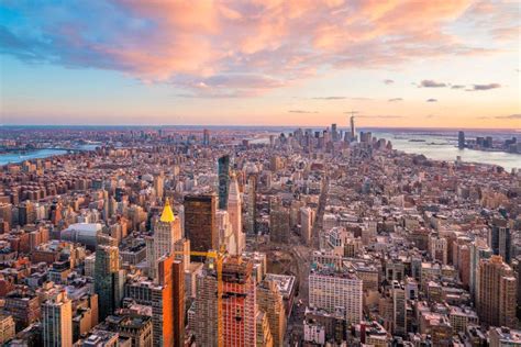 Aerial View Of Manhattan Skyline At Sunset New York City Stock Image