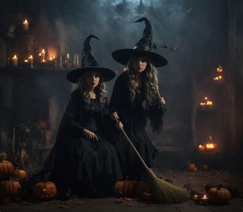 Premium Ai Image Twin Witches In A Hat With A Broom Among Candles And