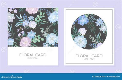 Blue Flowers Card Design With Blooming Flora Composition Vector