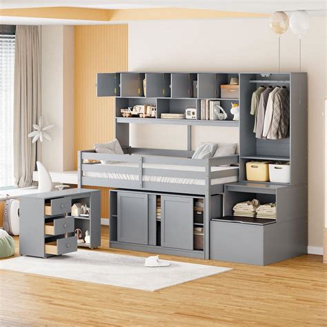 Harper And Bright Designs Gray Wood Frame Twin Size Loft Bed With Drawers Wardrobe Under Bed