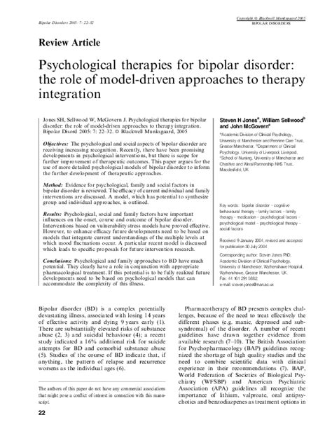 Pdf Psychological Therapies For Bipolar Disorder The Role Of Model Driven Approaches To