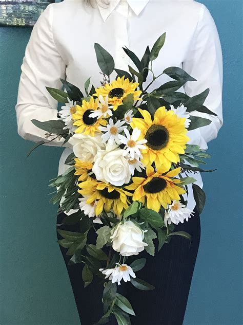 Sunflower And Daisies Silk Cascading Bridal Bouquet Cascading Etsy