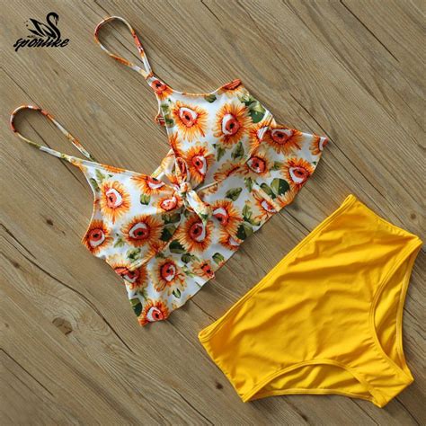 Sexy Bikini Set Lady Vintage Retro Floral Ruffle Swimwear Women Female High Waist Swim Suit