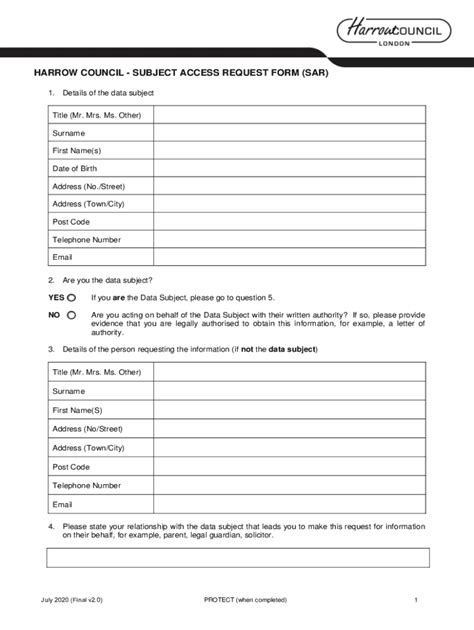 Fillable Online Subject Access Request Form Sar Harrow Council Fax