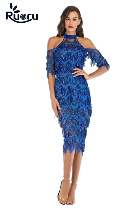 Ruoru Women Sexy Party Fringe Dress Vestidos Sexy Dresses Party Night Club Dress Halter Bodycon