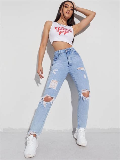 SHEIN EZwear Jeans mom rotos bajo crudo Moda de Mujer SHEIN México