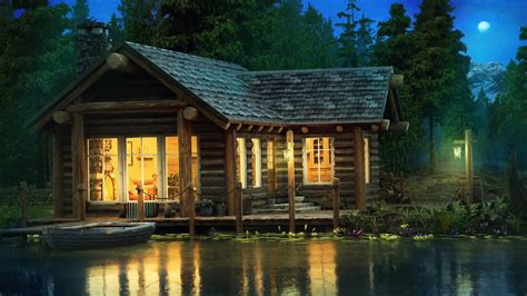 Cabin By The Lake At Night