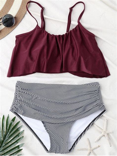 Stripe Panel High Waisted Bikini Set WINE RED Bikinis L ZAFUL