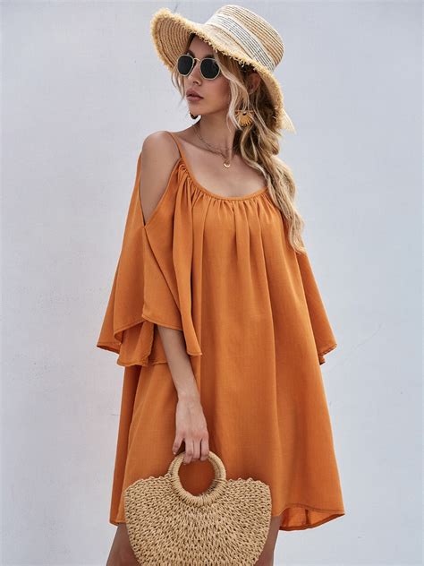 Off Shoulder Batwing Sleeve Solid Color Dress