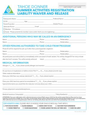 Fillable Online Summer Activities Registration Liability Waiver And