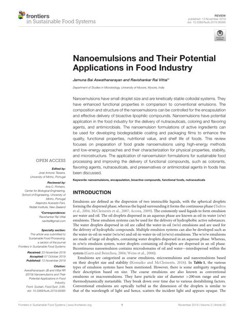 Pdf Nanoemulsions And Their Potential Applications In Food Industry