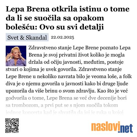 Lepa Brena Otkrila Istinu O Tome Da Li Se Suočila Sa Opakom Bolešću