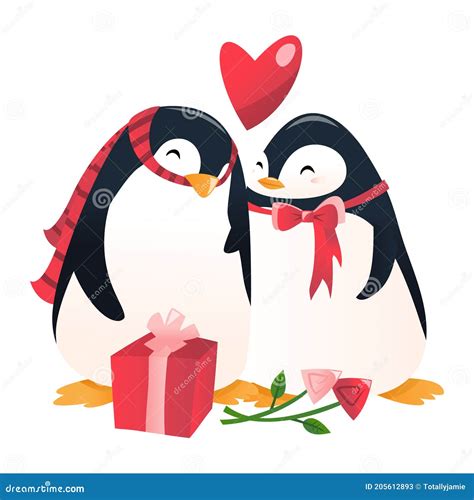 Super Lindo Dibujo De La Pareja De Pingüinos Enamorados Stock de