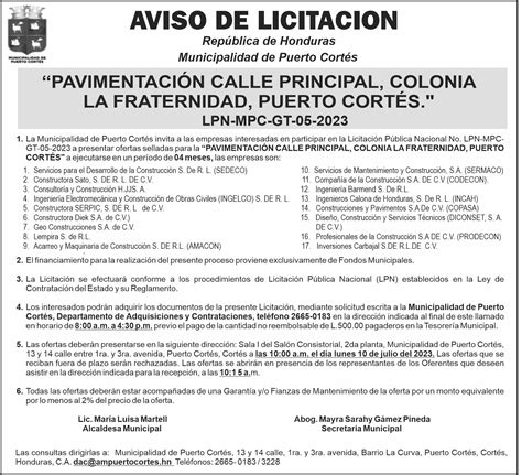 Aviso De Licitaci N Municipalidad De Puerto Cort S