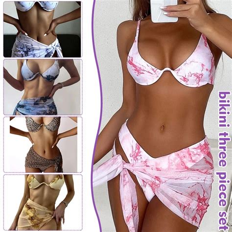 Women S 3 Piece Printed Bikini Set Swimsuit With Sarongs Cover Ups