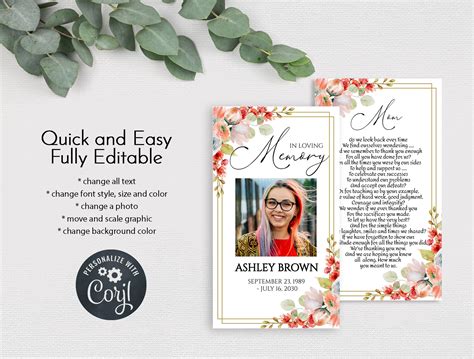 Editable Funeral Prayer Card Template Printable Memorial Etsy